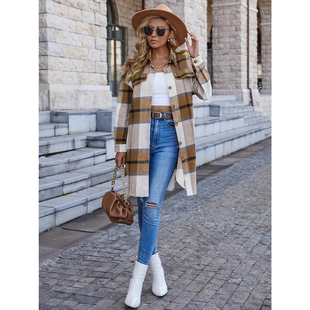 Plaid Print Drop Shoulder Overcoat long shacket boyfriend jacket red - Picture 7 of 11